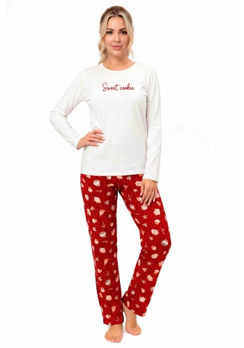 Piżama damska bawełniana świąteczna - Cookie long ecru Donna