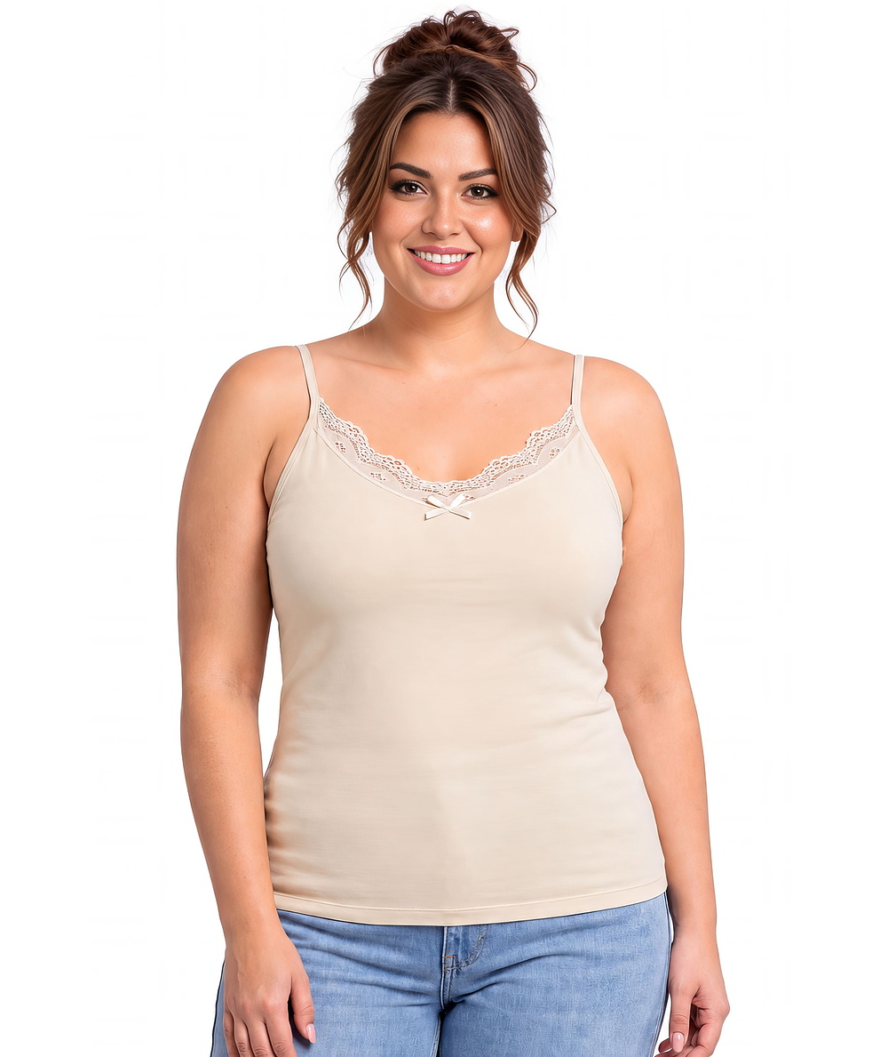 Beżowy top bawełniany z koronką - 106 beżowy plus size