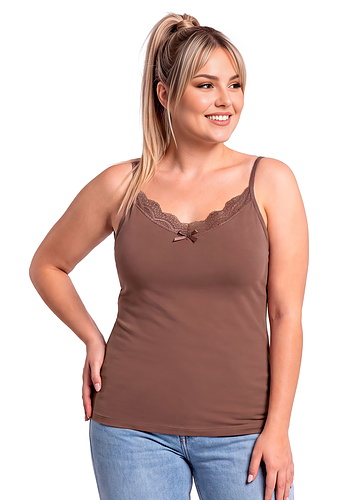 Brązowy top bawełniany z koronką - 106 brązowy plus size Donna
