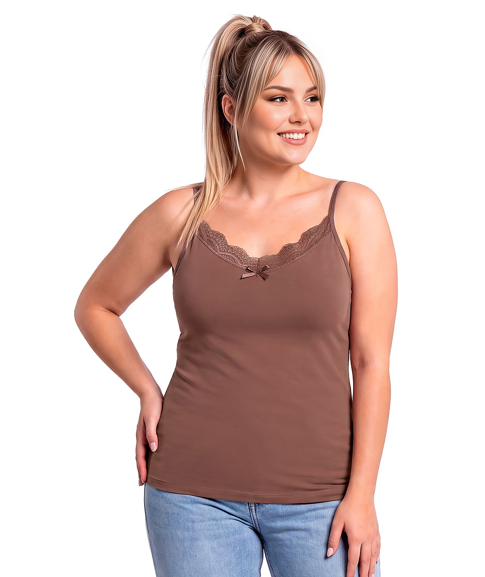 Brązowy top bawełniany z koronką - 106 brązowy plus size
