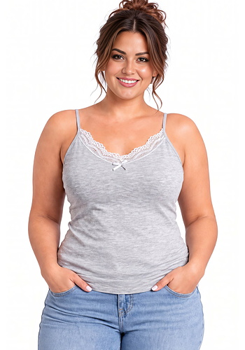 Bordowy top bawełniany z koronką - 106 szary plus size Donna