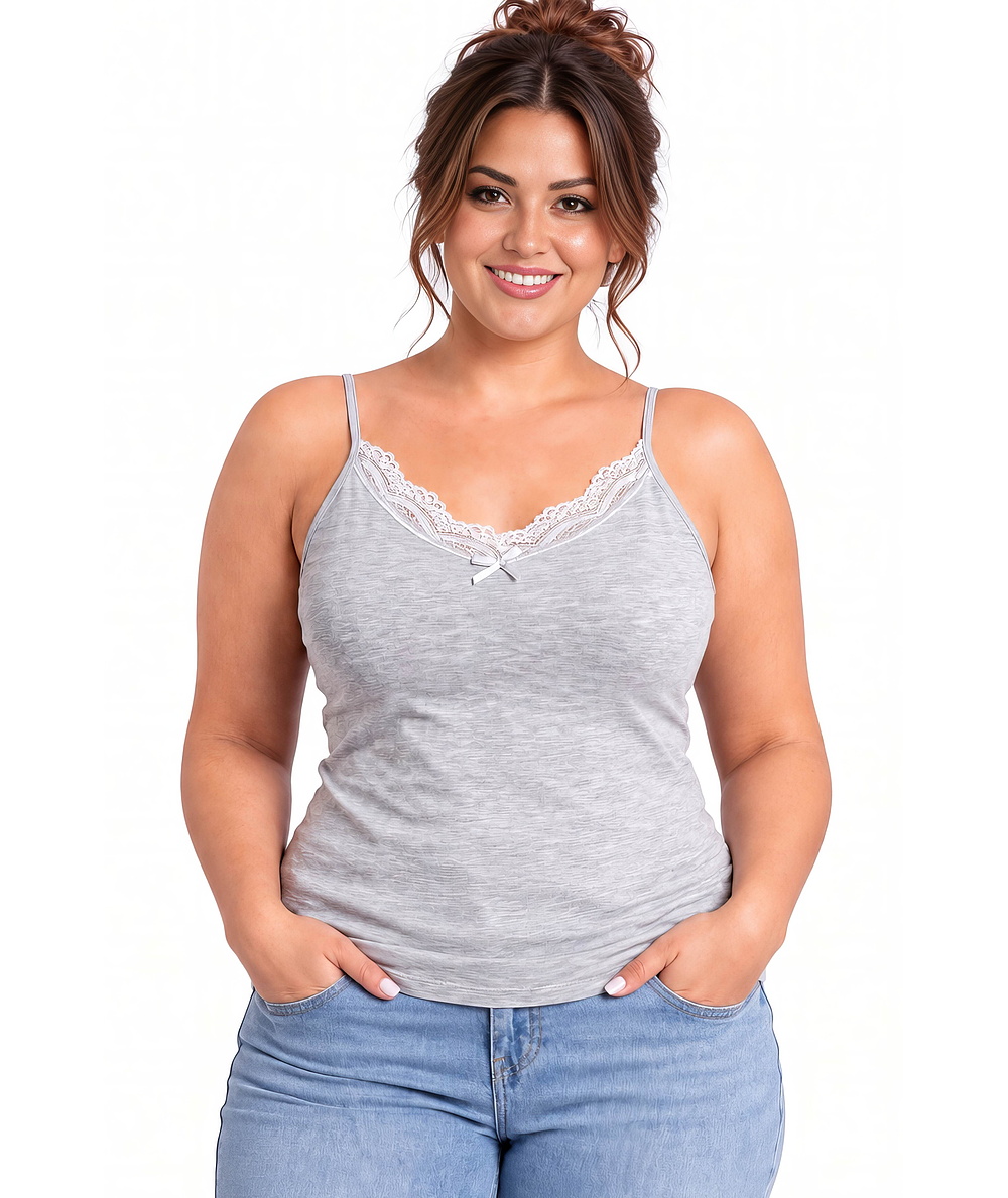 Bordowy top bawełniany z koronką - 106 szary plus size